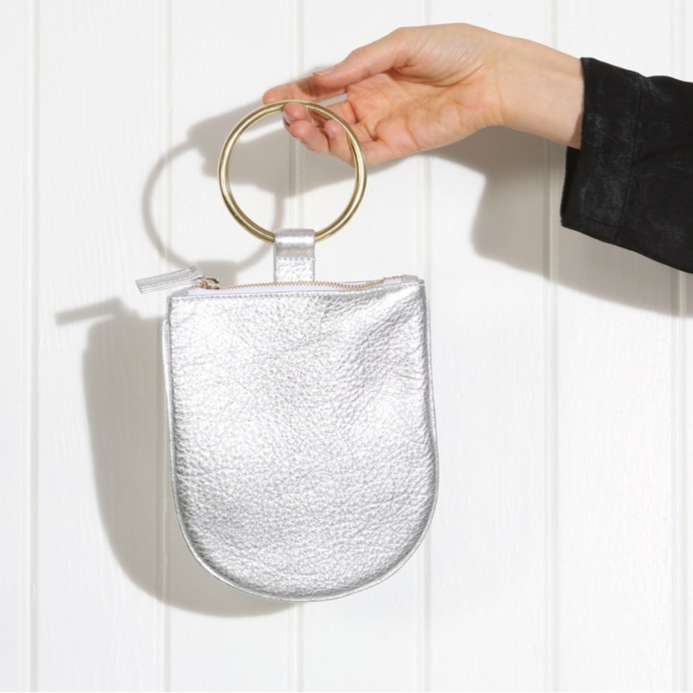 Myers Collective Silver Leather Ring Handle Clutch
